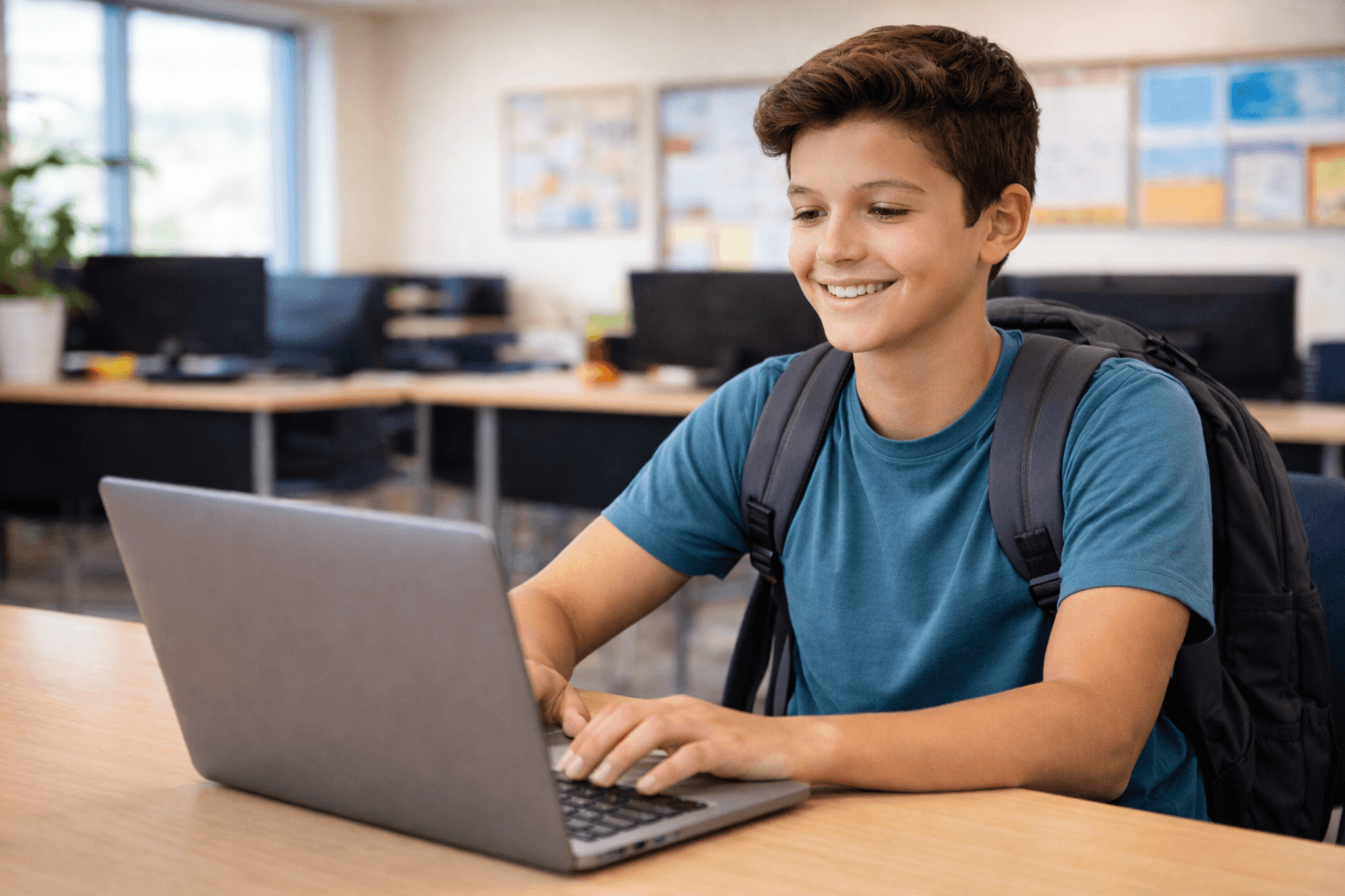 Teacher helping a student at a computer in the classroom
